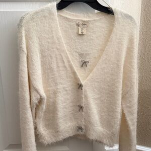 Cream Fuzzy Cardigan with Bow Details